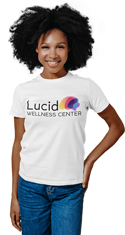 Woman wearing Lucid Wellness Center Logo shirt - TMS Therapy in Los Angeles